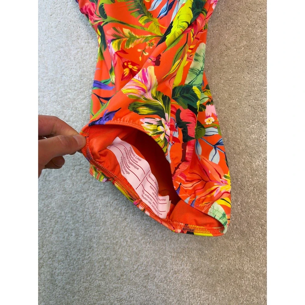 Lands End Swimsuit Women 8 Orange Tropical Floral One Piece Swimwear NEW‎